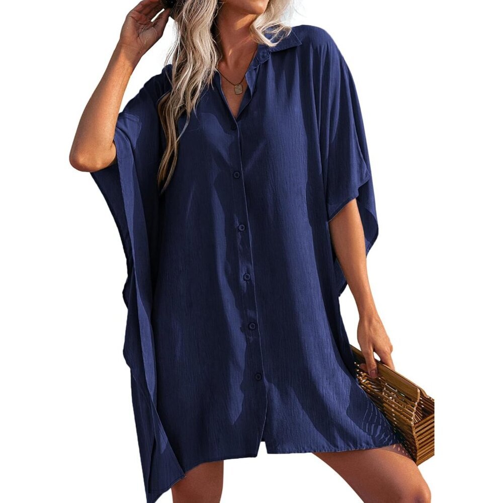 Women Navy Blue Sleeve Beachwear Bikini Button Down Oversized Cover Up Shirt